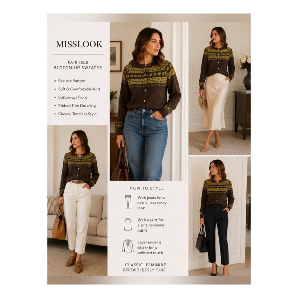 Misslook Sweater Size M Green Brown Fair Isle Button Up Cardigan Long Sleeve Y2K
